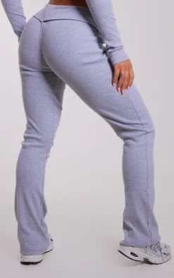 Grey Rib Fold Over Waist Flared Pants