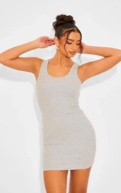 Grey Rib Scoop Neck Strappy Bodycon Dress
