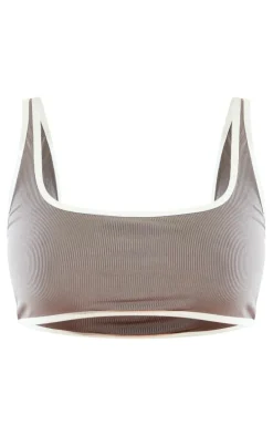 Grey Ribbed Contrast Bikini Top