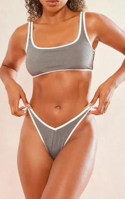 Grey Ribbed Contrast V Front Thong Bikini Bottoms