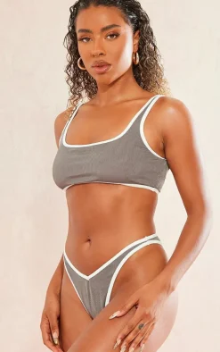 Grey Ribbed Contrast V Front Thong Bikini Bottoms