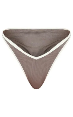 Grey Ribbed Contrast V Front Thong Bikini Bottoms