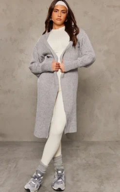Grey Ribbed Knitted Midi Cardigan