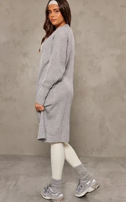Grey Ribbed Knitted Midi Cardigan