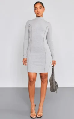 Grey Ribbed Long Sleeve Seam Detail Bodycon Dress