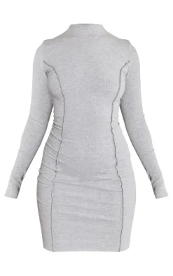 Grey Ribbed Long Sleeve Seam Detail Bodycon Dress