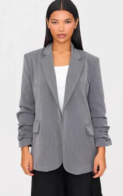 Grey Ruched Up Sleeve Boxy Blazer