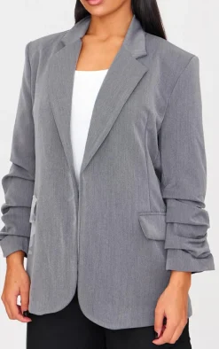 Grey Ruched Up Sleeve Boxy Blazer