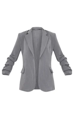 Grey Ruched Up Sleeve Boxy Blazer