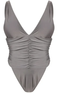 Grey Ruched Waist High Leg Plunge Swimsuit