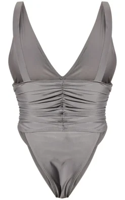 Grey Ruched Waist High Leg Plunge Swimsuit