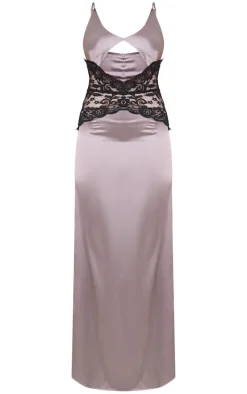 Grey Satin Lace Insert Maxi Dress