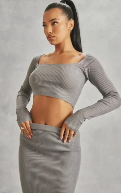 Grey Scoop Neck Long Sleeve Knit Top