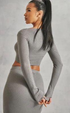 Grey Scoop Neck Long Sleeve Knit Top