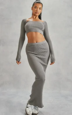 Grey Scoop Neck Long Sleeve Knit Top