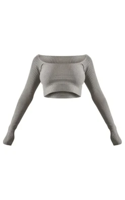 Grey Scoop Neck Long Sleeve Knit Top