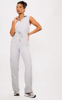Grey Seam Detail Elasticated Zip Up Jumpsuit