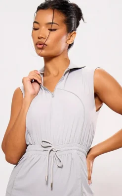 Grey Seam Detail Elasticated Zip Up Jumpsuit