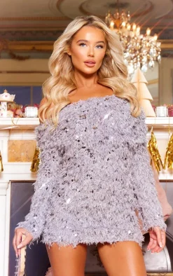 Grey Sequin Faux Feather Bardot Long Sleeve Mini Dress