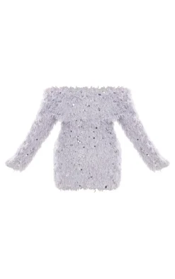 Grey Sequin Faux Feather Bardot Mini Dress