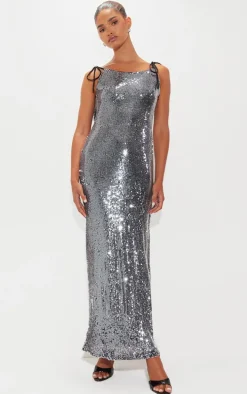 Grey Sequin Super Low Maxi Dress