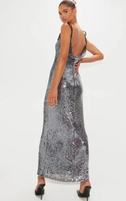 Grey Sequin Super Low Maxi Dress
