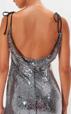 Grey Sequin Super Low Maxi Dress