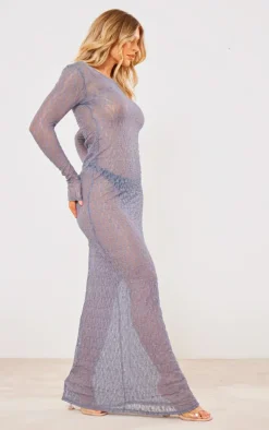 Grey Sheer Lace Long Sleeve Maxi Dress