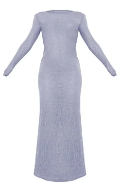Grey Sheer Lace Long Sleeve Maxi Dress