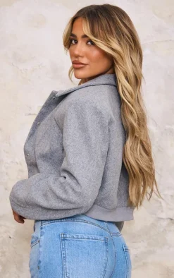 Grey Shoulder Padded Wool Look Cropped Bomber Jacket