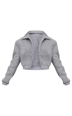 Grey Shoulder Padded Wool Look Cropped Bomber Jacket