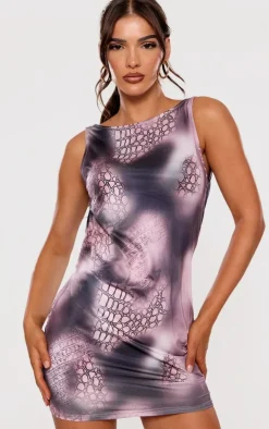 Grey Snake Print Racer Neck Cowl Back Mini Dress