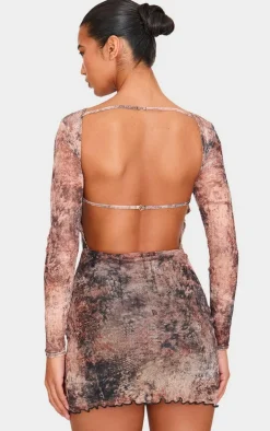 Grey Snake Printed Long Sleeve Open Back Mini Dress