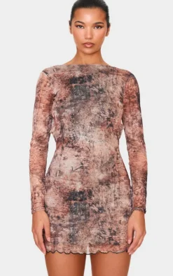 Grey Snake Printed Long Sleeve Open Back Mini Dress