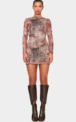 Grey Snake Printed Long Sleeve Open Back Mini Dress