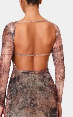 Grey Snake Printed Long Sleeve Open Back Mini Dress