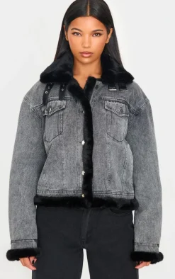Grey Soft Faux Fur Aviator Style Denim Jacket