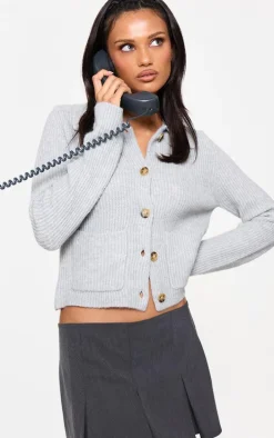 Grey Soft Textured Knit Button Up Collar Detail Cardigan