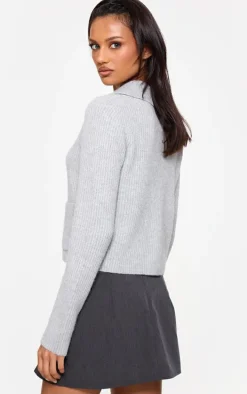 Grey Soft Textured Knit Button Up Collar Detail Cardigan