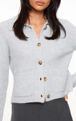 Grey Soft Textured Knit Button Up Collar Detail Cardigan