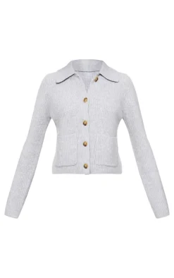 Grey Soft Textured Knit Button Up Collar Detail Cardigan