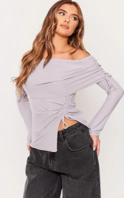 Grey Soft Touch Bardot Ruched Tie Side Top