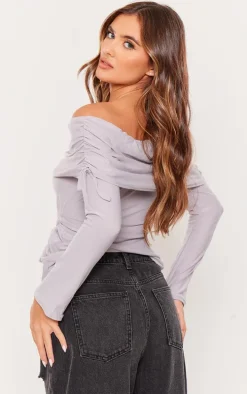 Grey Soft Touch Bardot Ruched Tie Side Top