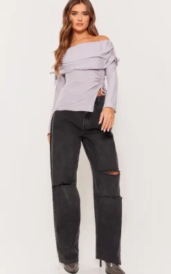 Grey Soft Touch Bardot Ruched Tie Side Top