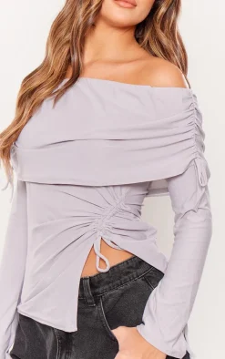 Grey Soft Touch Bardot Ruched Tie Side Top
