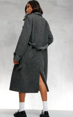 Grey Speckled Wool Look Military Coat