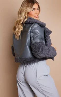 Grey Statement Borg Trim Faux Leather Aviator Jacket