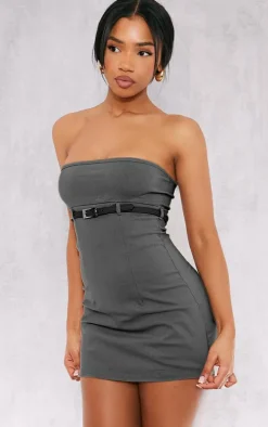 Grey Stretch Woven Belt Front Skort Romper