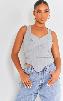 Grey Stretch Woven Boned Cross Detail Corset