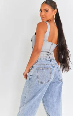 Grey Stretch Woven Boned Cross Detail Corset